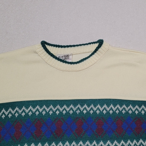 70s Vintage Morgan Square Cream Fleece Lined Argyle Knit Cropped Sweatshirt L - Picture 3 of 12